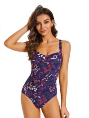 Amorbella Dark Blue Retro Floral Ruched Tummy Control One Piece Swim Suit